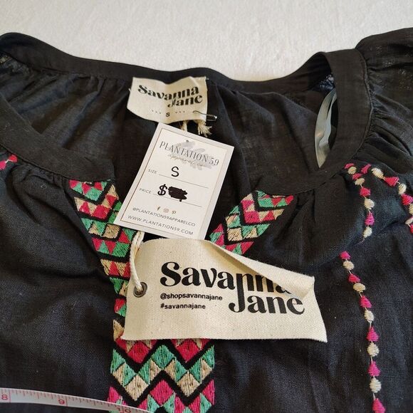 Savanna Jane Top Small Black Embroidered Sleeve Boho Peasant Folk Artisan NWT - Picture 7 of 8